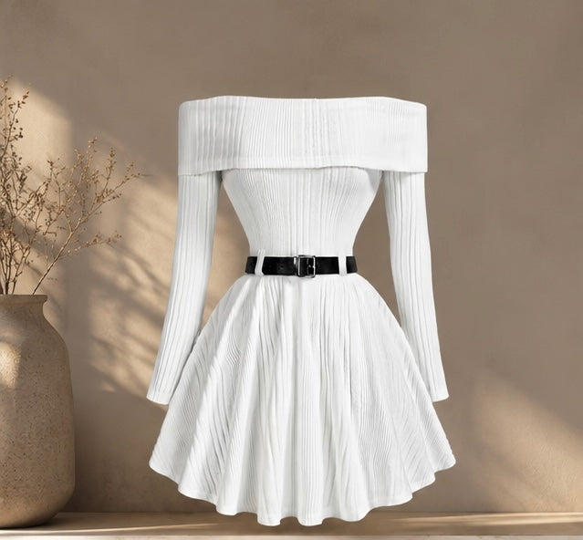 Elegant Off-Shoulder Knit Flare Dress
