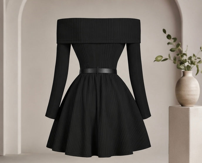 Elegant Off-Shoulder Knit Flare Dress