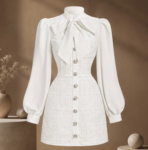 Elegant White Bow-Tie Mini Dress