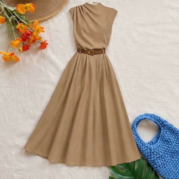 Elegant Sleeveless Midi Dress with Belt