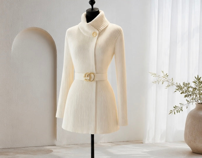 Ribbed Knit Belted Mini Dress – Ivory