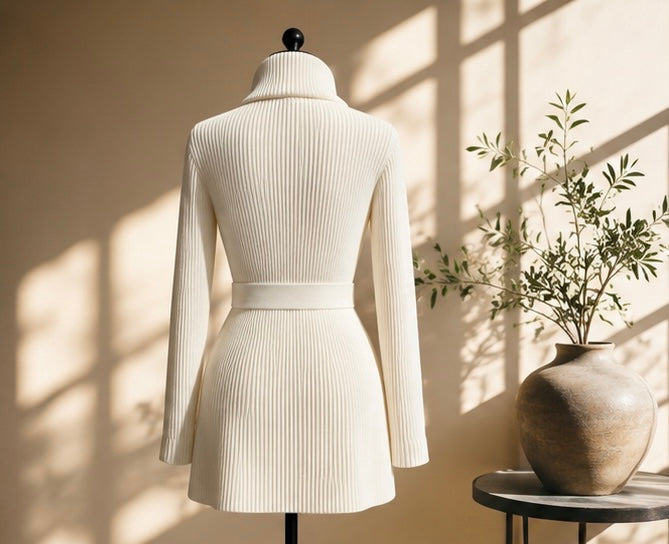 Ribbed Knit Belted Mini Dress – Ivory