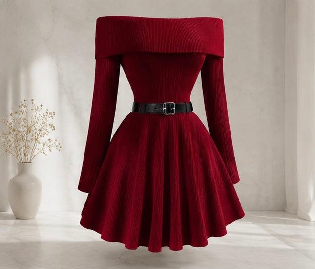 Elegant Off-Shoulder Knit Flare Dress