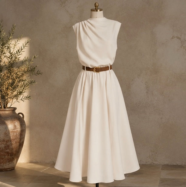 Elegant Sleeveless Midi Dress with Belt