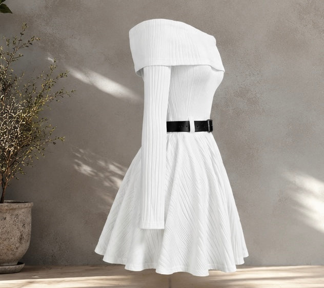 Elegant Off-Shoulder Knit Flare Dress