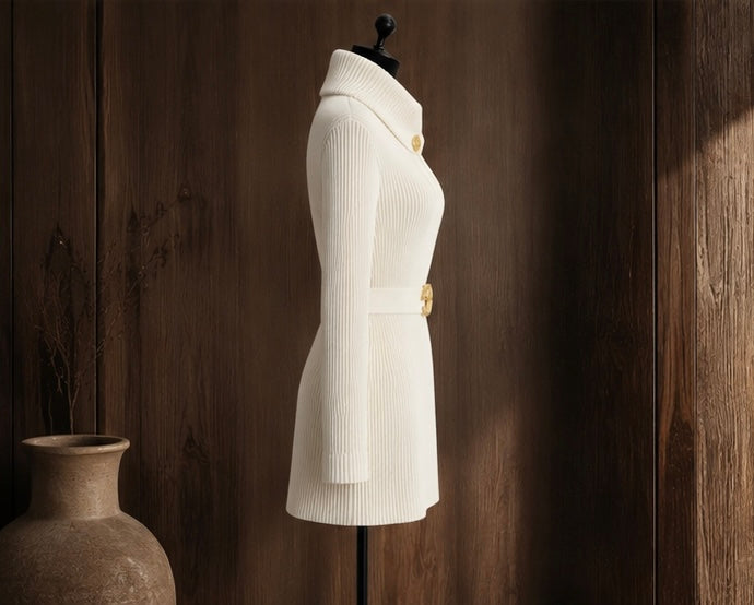 Ribbed Knit Belted Mini Dress – Ivory