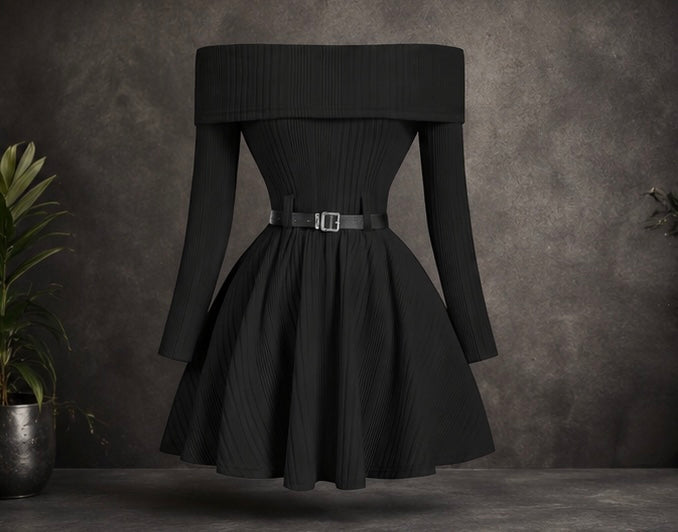 Elegant Off-Shoulder Knit Flare Dress