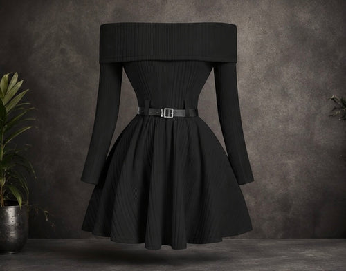 Elegant Off-Shoulder Knit Flare Dress