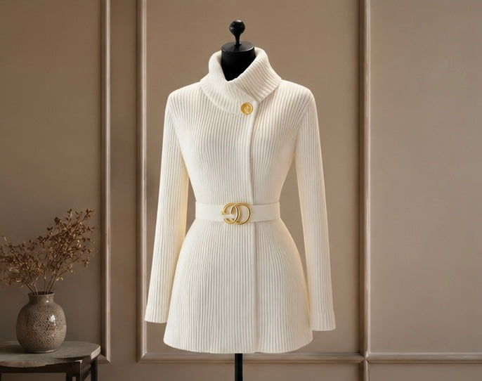 Ribbed Knit Belted Mini Dress – Ivory