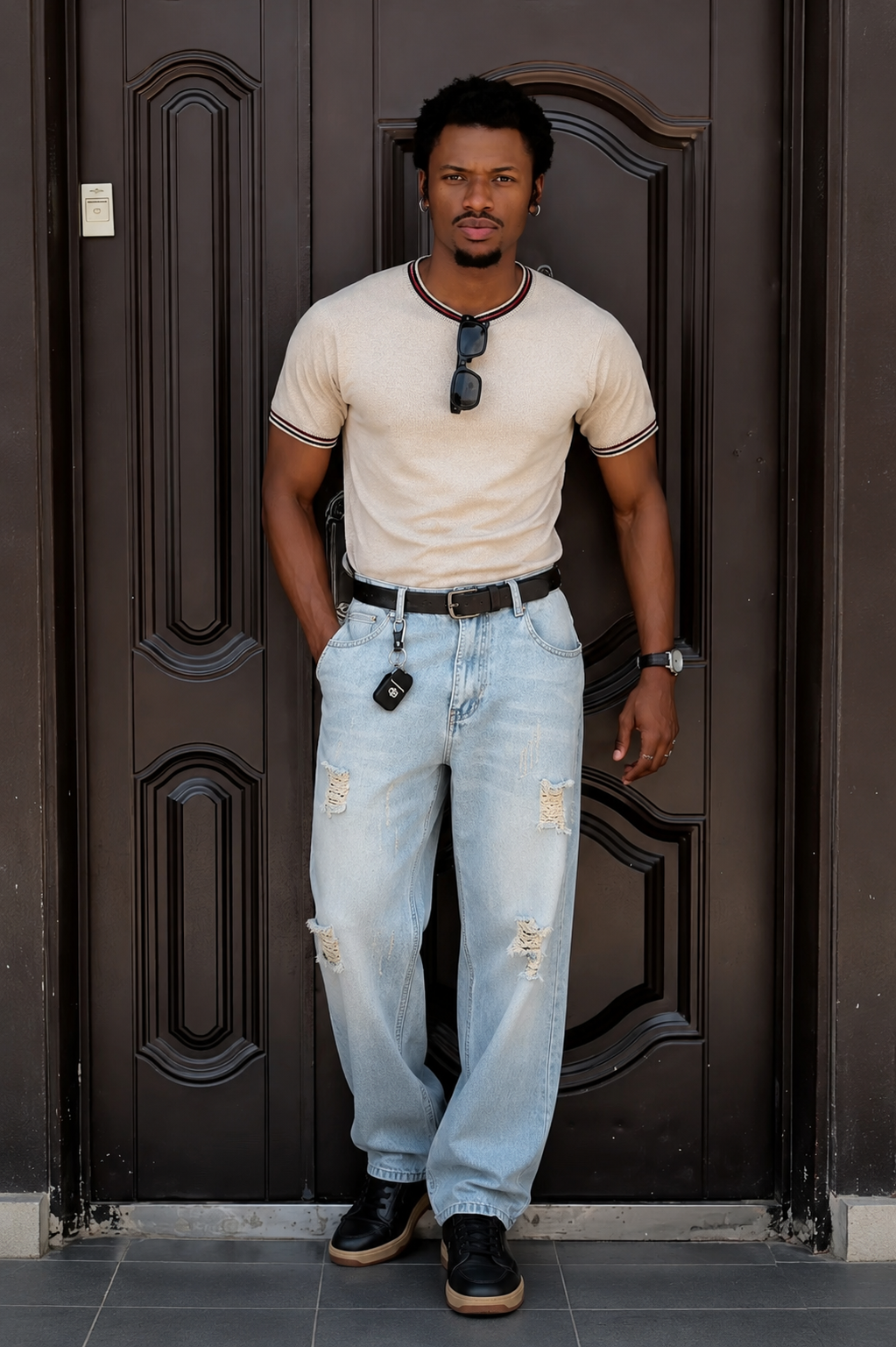 Men’s Premium Beige Knit Shirt & Light Wash Distressed Wide-Leg Jeans Outfit