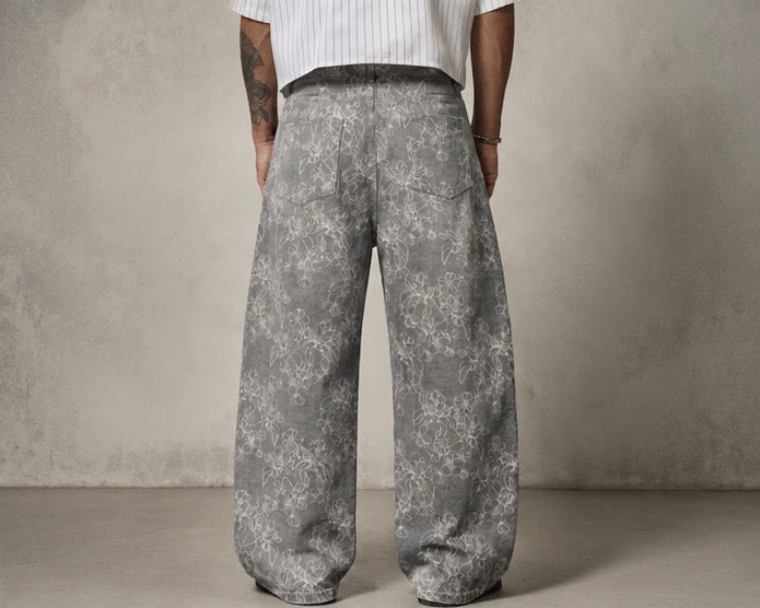 Letona Oversized Ultra Baggy Wide-Leg Floral Jacquard Denim Jeans