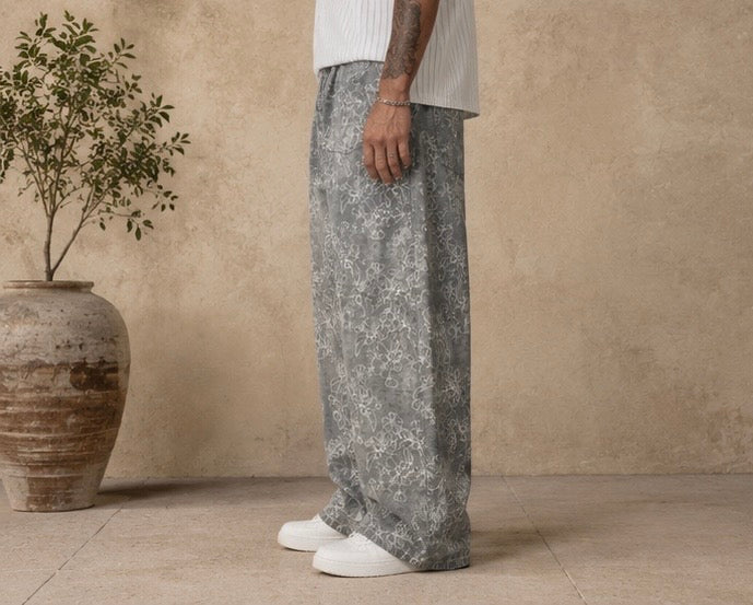 Letona Oversized Ultra Baggy Wide-Leg Floral Jacquard Denim Jeans