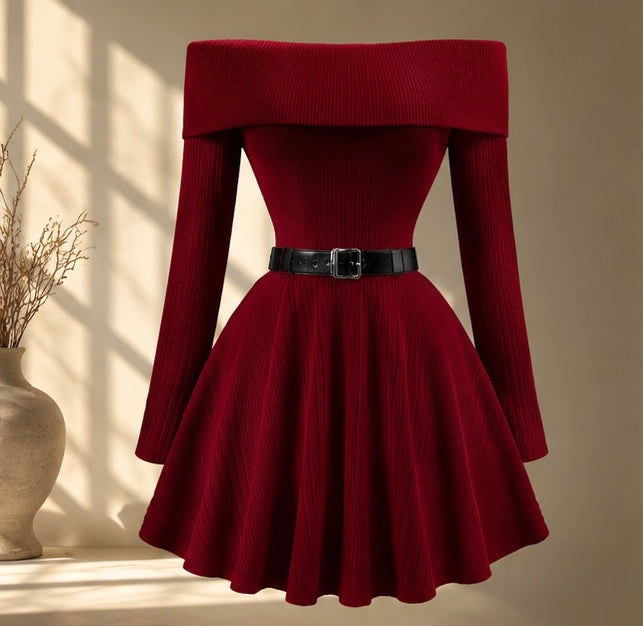 Elegant Off-Shoulder Knit Flare Dress