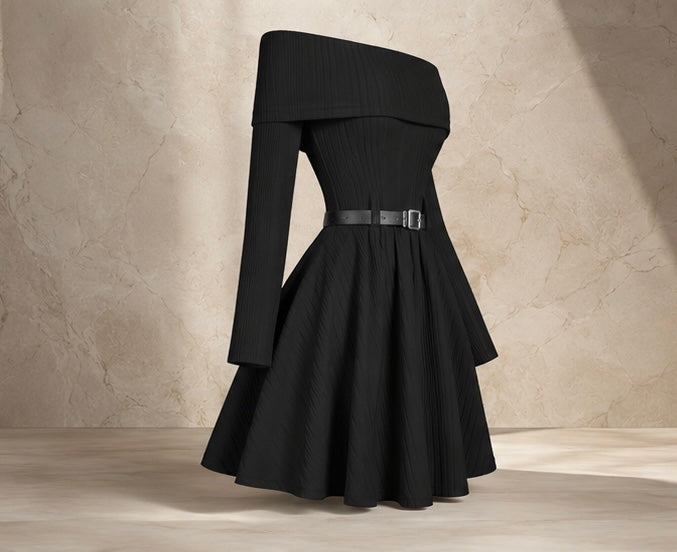 Elegant Off-Shoulder Knit Flare Dress