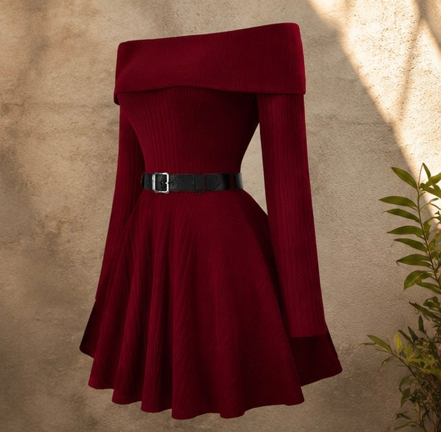 Elegant Off-Shoulder Knit Flare Dress