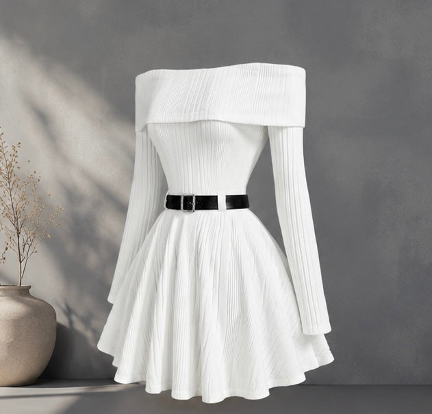 Elegant Off-Shoulder Knit Flare Dress