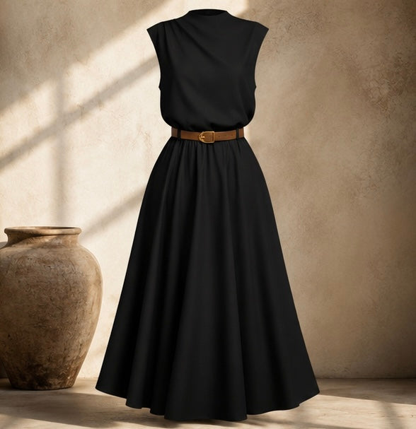 Elegant Sleeveless Midi Dress with Belt