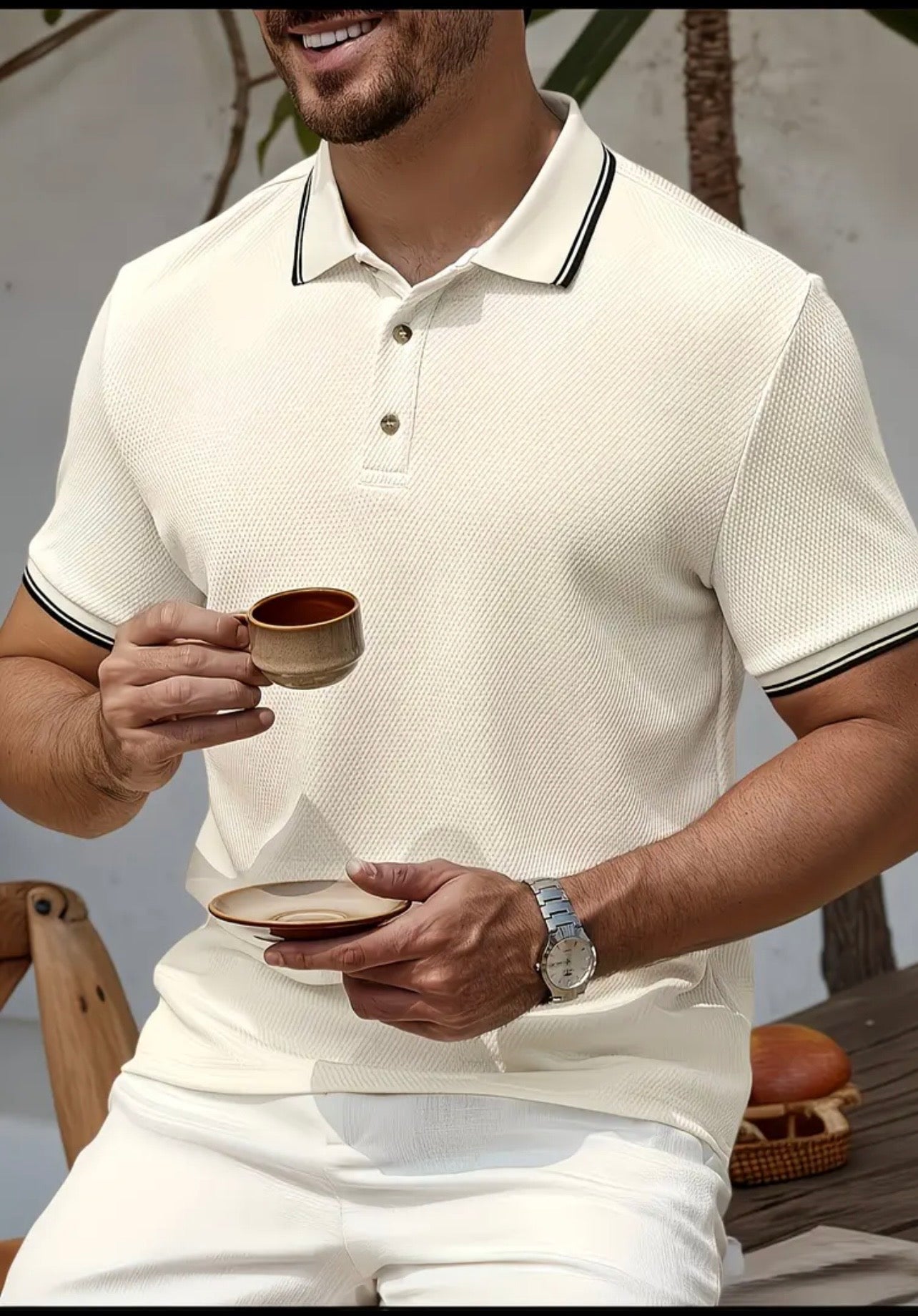 Men’s Textured Contrast Trim Polo Shirt – Milkshake White