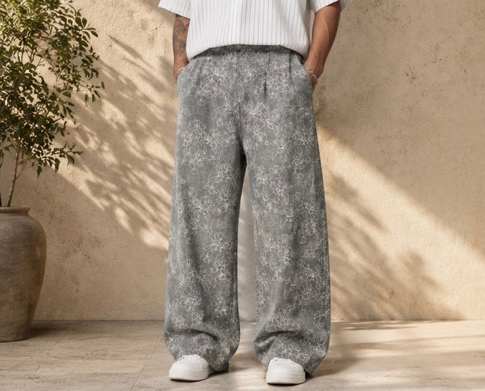 Letona Oversized Ultra Baggy Wide-Leg Floral Jacquard Denim Jeans