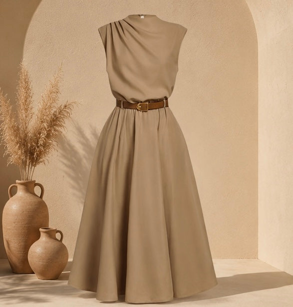 Elegant Sleeveless Midi Dress with Belt