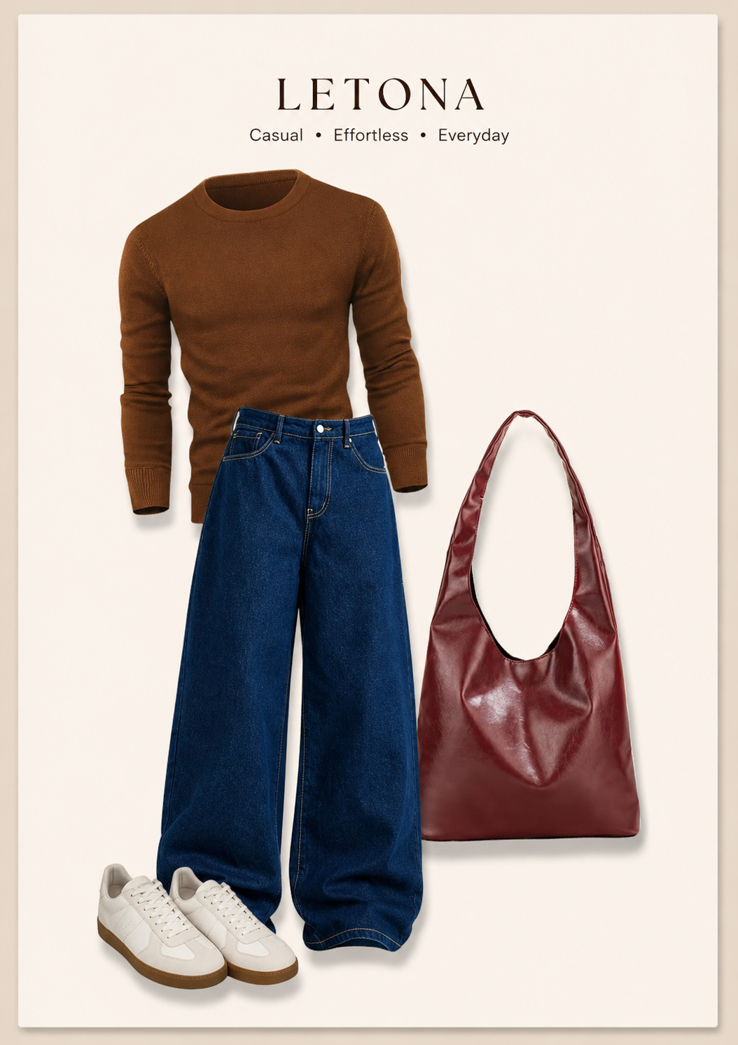 Letona outfit combination 
Three in-one,,American Retro Wide-Leg Jeans, Cotton: